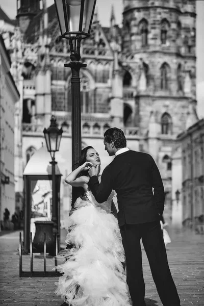 Casamento casal sexy perto de casta no palácio ao ar livre — Fotografia de Stock