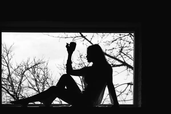 Girl drink from cup in morning. — Stock Photo, Image