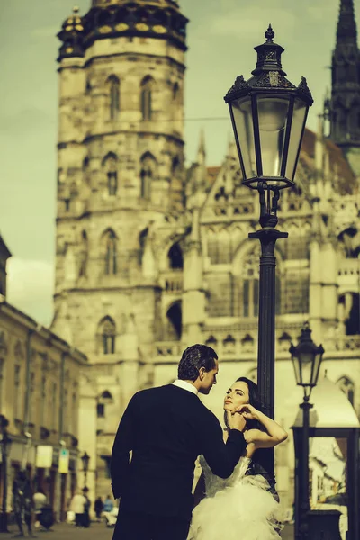 Casamento casal sexy perto de casta no palácio ao ar livre — Fotografia de Stock