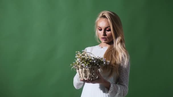 Blonde Young Woman Elegant White Dress Girl Posing Background Handbag — Stock Video