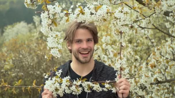 爱情和浪漫 幸福的情侣 情侣相爱在盛开的花朵 性感的女人和男人在樱花盛开 春天的男人和女人 复活节 — 图库视频影像