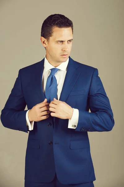 man posing in fashionable blue formal suit with tie