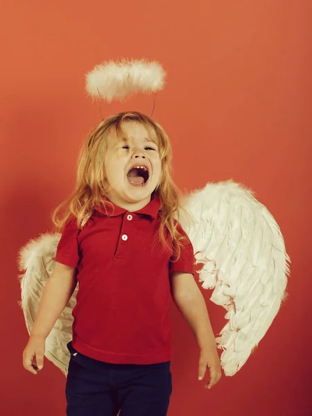 Маленький ангел хлопчик плаче з білими крилами і гало — стокове фото