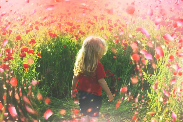 Ευτυχισμένα παιδιά suny ημέρα. Το παιδί έχει τη διασκέδαση με λουλούδια — Φωτογραφία Αρχείου