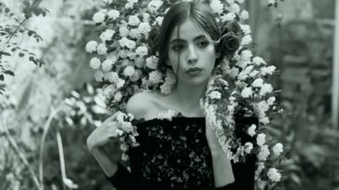 Genç güzel Moda Bayan çiçekli ağacın yanında poz açık portresi. Kız gözleri kapalı. Kadın güzellik moda. Çiçekler kızla Franch.