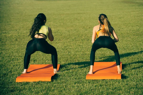 健康妇女在绿草上做运动运动 — 图库照片