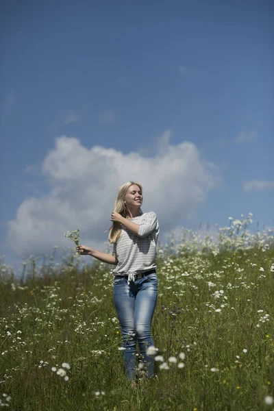 Sensual mujer en el campo de flores en flor, primavera . — Foto de Stock