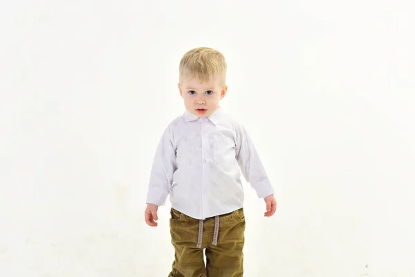 Mały chłopiec w białej koszuli, biznes. — Zdjęcie stockowe