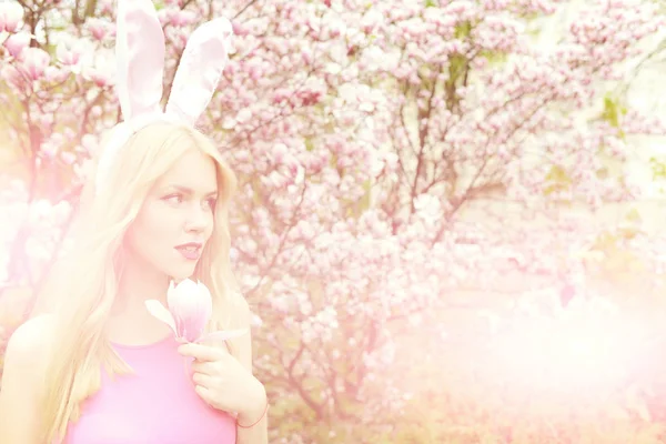 Дівчина з вухами кролика тримає квітку магнолії — стокове фото
