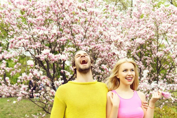 Kaç bahar Manolya çiçeği, mutlu bir adam, kadın aşk içinde — Stok fotoğraf