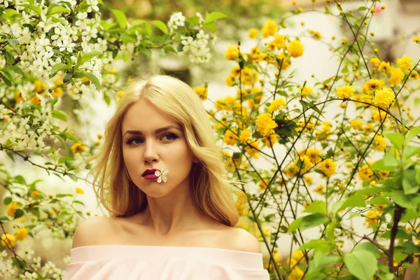Jonge mooie vrouw in de buurt van kersenboom met bloemen — Stockfoto