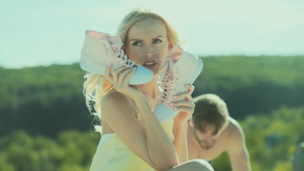 Girl Gumshoes Beautiful Girl Keds Sport Concept Blond Girl Shoes — Stock Video