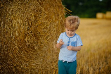 Küçük çocukla spikelet, saman balya, yaz