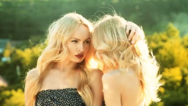 Två Flickor Tvillingar Tittar Varandra Vacker Två Tvillingar Systrar Grupp — Stockvideo