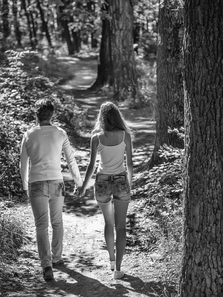 Junges Paar spaziert im Wald — Stockfoto