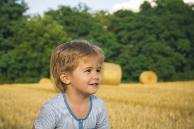 Mutlu çocuk gülümseme saman sahada yaz tatili.