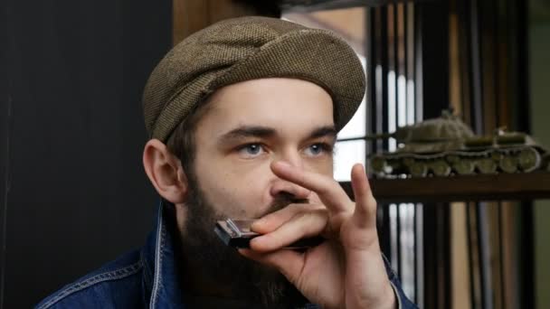 Musician Plays Harmonica Young Men Enjoying Music Harmonica Close Portrait — Stock Video