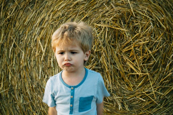 Sad boy at hay bale, summer