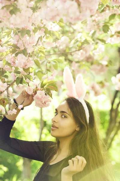 Bunny ears on woman with spring sakura flowers — Stock Photo, Image