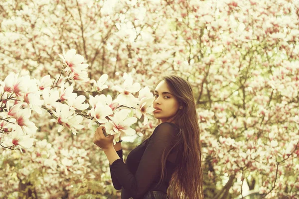 Femme avec de longs cheveux bruns posant au magnolia tree — Photo