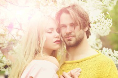 Bahar, yaz, erkek ve kadın kiraz çiçeği ile Bahçe