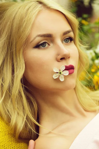Kvinna eller sexig tjej håller körsbärsblommor i munnen, våren — Stockfoto