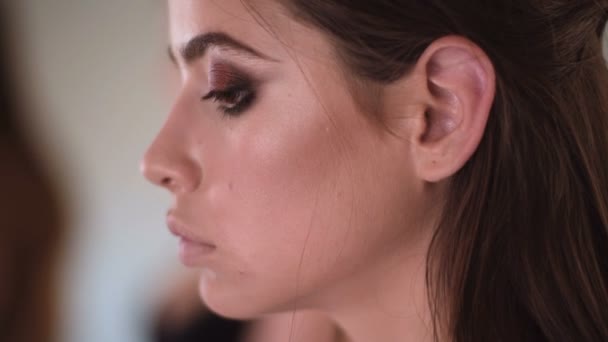 Maquillaje Artista Aplicando Sombrío Cara Modelo Maquillaje Artista Haciendo Maquillaje — Vídeo de stock