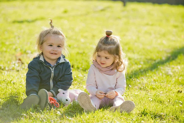 Kinder Spielen Sonnigen Tagen Auf Grünem Gras Glückliche Familie Kindheit — Stockfoto