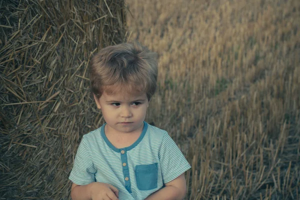 Unhappy Child Hay Bale Summer Little Boy Play Farm Ranch — Stock Photo, Image