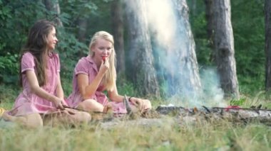 PIN günbatımında bir piknik Park eğlenmek tarzında iki genç kadın. Yaz, tatil, tatil, mutlu insanlar kavramı - kız gülümsüyor. Piknik üzerindeki Girlfriends.