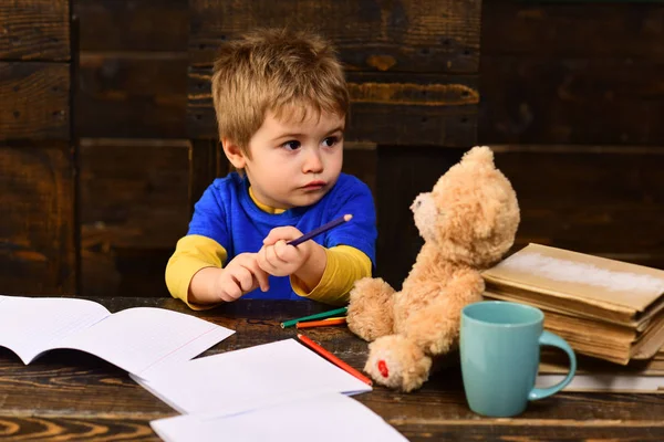 Ragazzo impegnato a scuola. Ragazzino seduto al tavolo di legno con quaderni. Biondo bambino guardando il suo orsacchiotto — Foto Stock