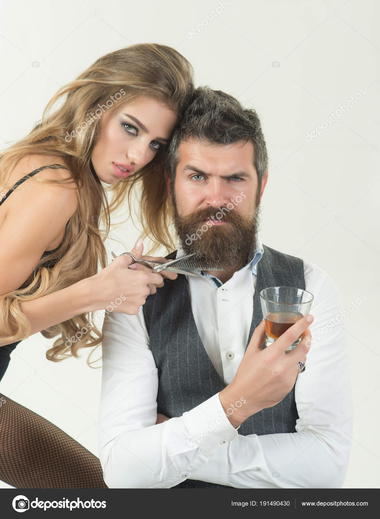 Woman Razor Comb Cut Hair Man Bearded Man Drink Whiskey