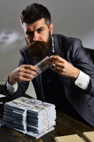 Man sitting at table with piles of money, counting profit. Illegal cash concept. Businessman on serious face holds money, grey background. Man in suit smoking cigar while counting money.