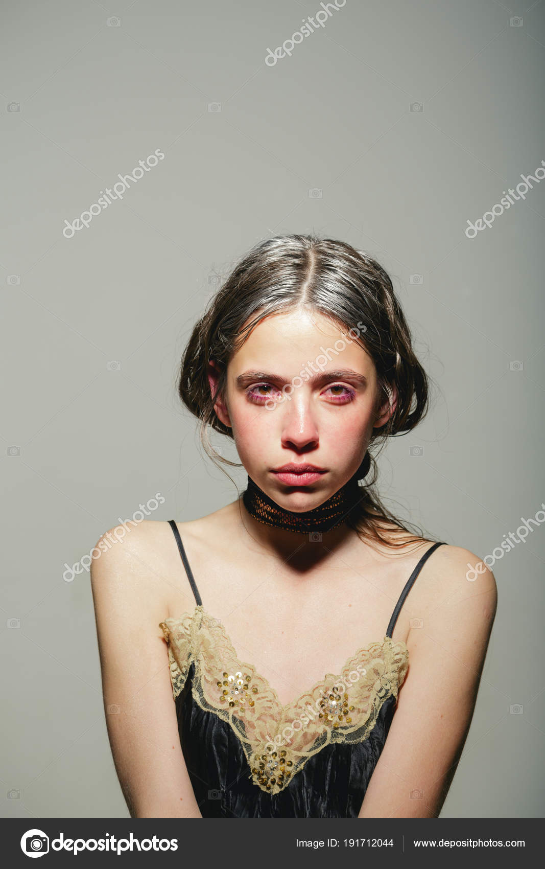 Aging concept. young sking and graying hair of girl. Fresh and beautiful.  Portrait of beautiful young woman with gray hair. woman with grey hair and  natural eyes makeup Stock Photo by ©