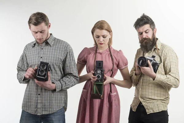 Company Busy Photographers Old Cameras Filming Working Vintage Fashion Concept — Stock Photo, Image