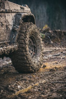 Suv arka plan üzerinde sonbahar doğa ile parçası. Araç offroad Yarış güneşli gün sonra. Tekerlek ve kapı çamurla kaplı. Aşırı eğlence kavramının.