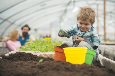 Kutusunda toprak tam oturuyor ve tencere ile zemin doldurma gülümseyen çocuk. Sarışın çocuk arkadan spade sera üst saat süre içinde oynamaktan.