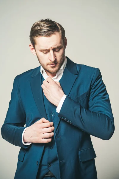 Portrait Thinking Businessman Hand Collar His Shirt Young Bearded Man — Stock Photo, Image