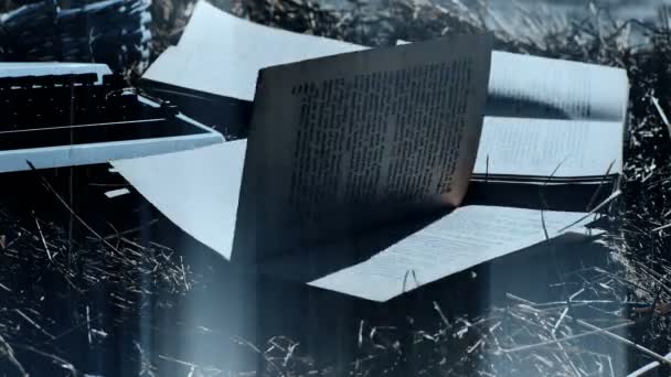打开带有翻转页面的书 风吹翻书的书页 农场上的老式书籍 — 图库视频影像