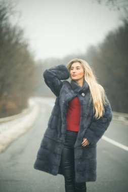 uzun sarı saçlı lüks kadın. seksi kadın kürk paltolu. Seyahat ve iş gezisi ya da aksaklık hiking.
