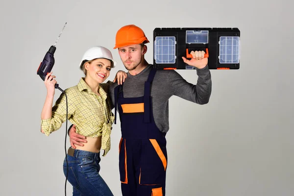 Concepto Renovación Reparador Con Novia Espacio Para Copiar Constructores Con — Foto de Stock