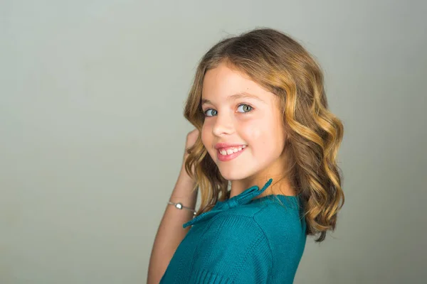 Adorable Smiling Little Girl Standing Grey Background — Stock Photo, Image