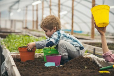 Kutusunda zemin ile oturan ve renkli tencere ile oynarken yan görünümü sarışın çocuk. Boş sarı pot tutan el.