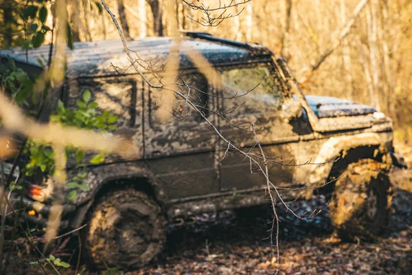 Suv は葉で覆われているパスに泥で覆われています 汚いオフロード車は 背景に森林を落ちる 田園地帯を通って運転のクロス オーバー 極端なエンターテイメントと運転の概念 — ストック写真
