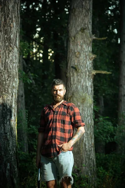 野蛮的伐木工人晚上在树林里徘徊 胡子男子拿着小铁锹在他的手中 环境与自然概念 — 图库照片