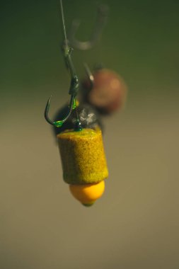 Balıkçılık ile kanca yem, chumming. Çöpü hatta üzerinde arka plan bulanık. Balıkçılık, olta balıkçılığı, balık yakalamak, dostum.