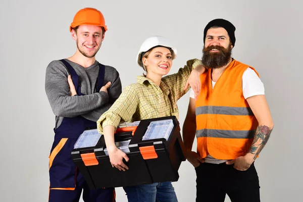 Concepção Brigada Reparação Companhia Trabalhadores Alegres Construtor Reparador Estucador Trabalho — Fotografia de Stock