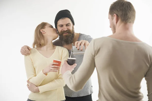 Company Cheerful Friends Spend Leisure Drinks Guys Hold Cup Flask — Stock Photo, Image