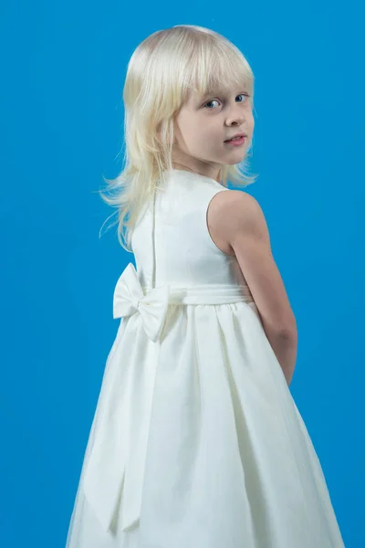 Look Stile Moda Sguardo Cute Bambina Abito Sfondo Blu — Foto Stock
