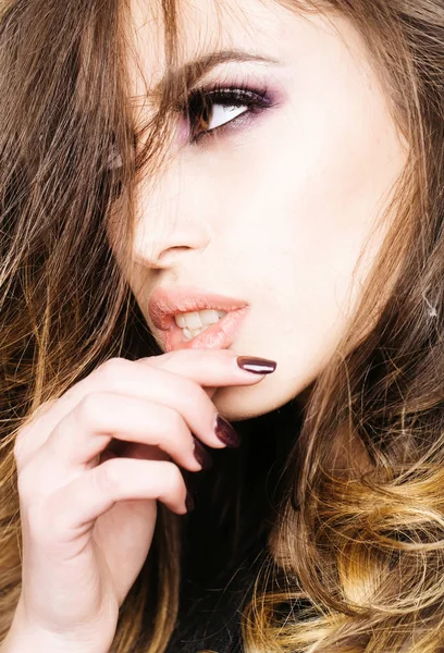Hair Salon Concept Sensual Woman Makeup Face Woman Long Brunette — Stock Photo, Image